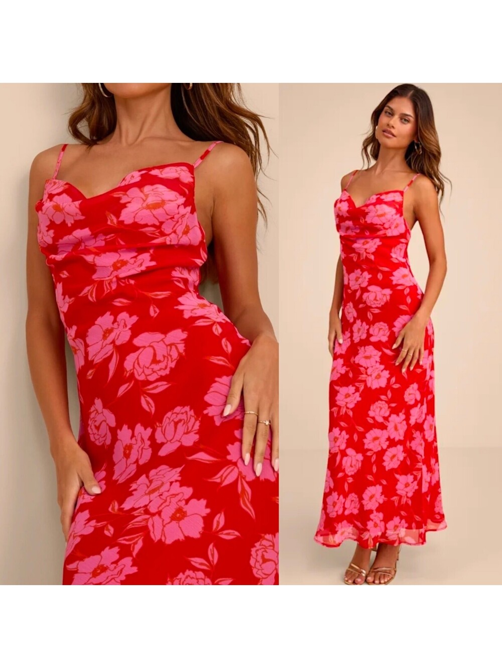 Lulu's Red & Pink Vesta Floral Cowl Neck Maxi Dress Small Classy Elegant NWT